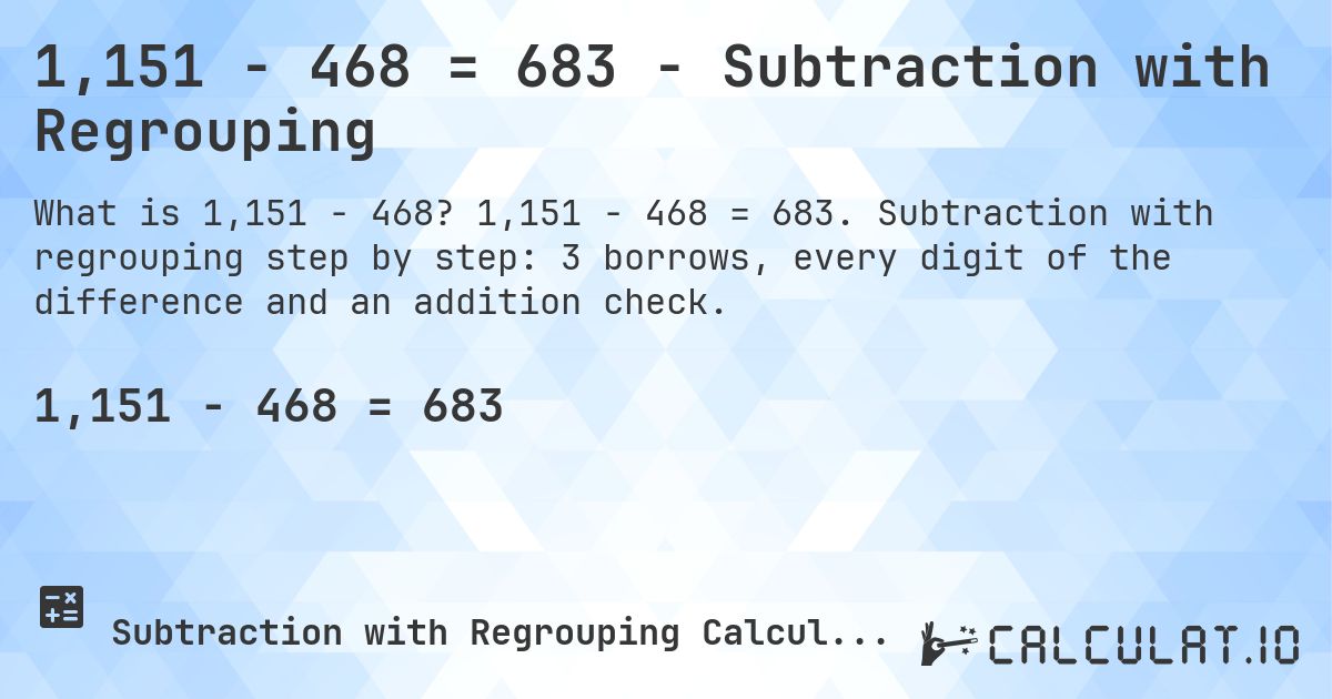 1,151 − 468 = 683 - Subtraction with Regrouping. 1,151 − 468 = 683. Subtraction with regrouping step by step: 3 borrows, every digit of the difference and an addition check.