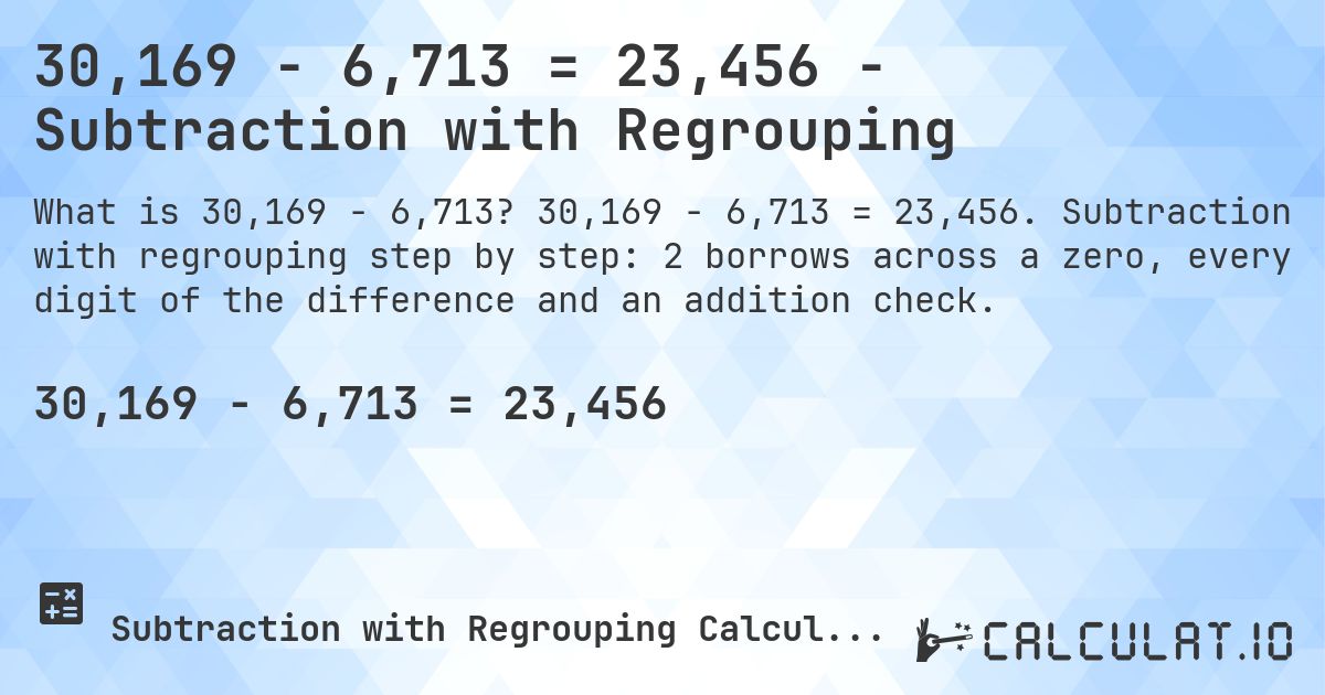 30,169 − 6,713 = 23,456 - Subtraction with Regrouping. 30,169 − 6,713 = 23,456. Subtraction with regrouping step by step: 2 borrows across a zero, every digit of the difference and an addition check.