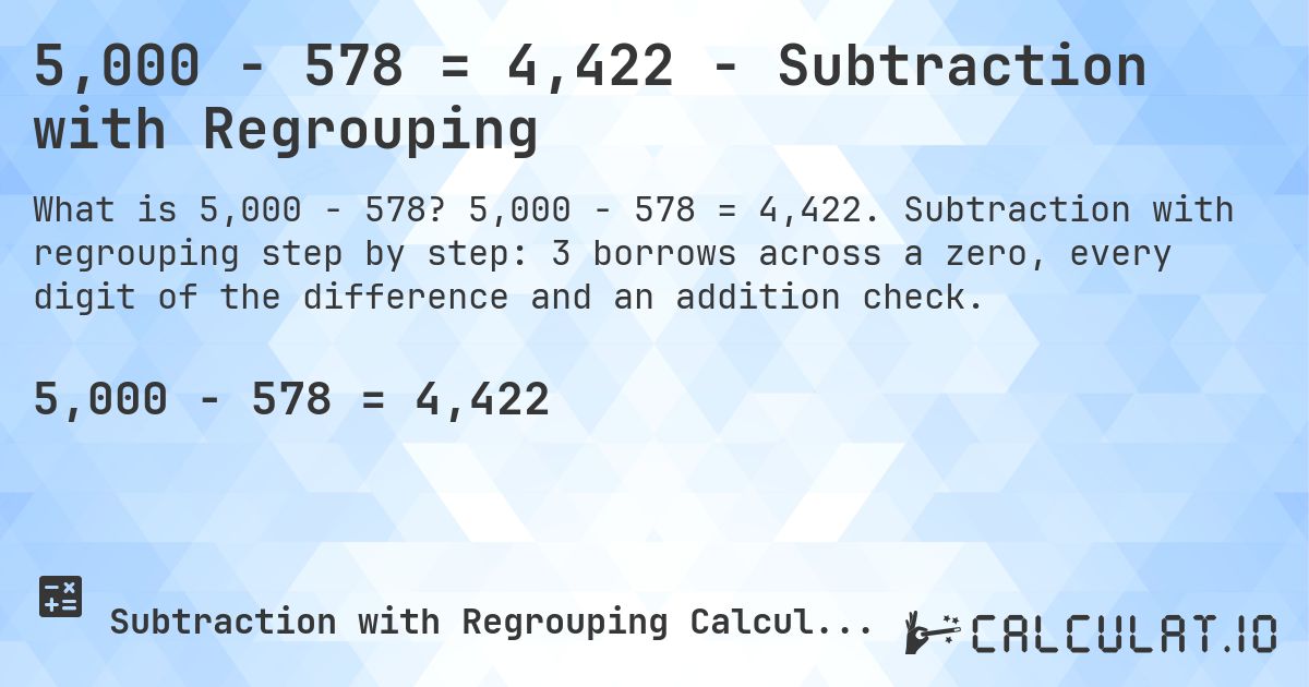 5,000 − 578 = 4,422 - Subtraction with Regrouping. 5,000 − 578 = 4,422. Subtraction with regrouping step by step: 3 borrows across a zero, every digit of the difference and an addition check.