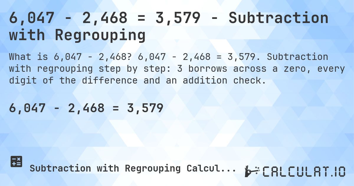 6,047 − 2,468 = 3,579 - Subtraction with Regrouping. 6,047 − 2,468 = 3,579. Subtraction with regrouping step by step: 3 borrows across a zero, every digit of the difference and an addition check.