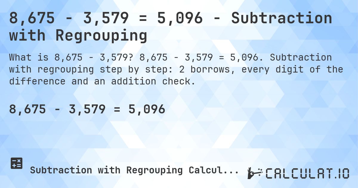 8,675 − 3,579 = 5,096 - Subtraction with Regrouping. 8,675 − 3,579 = 5,096. Subtraction with regrouping step by step: 2 borrows, every digit of the difference and an addition check.