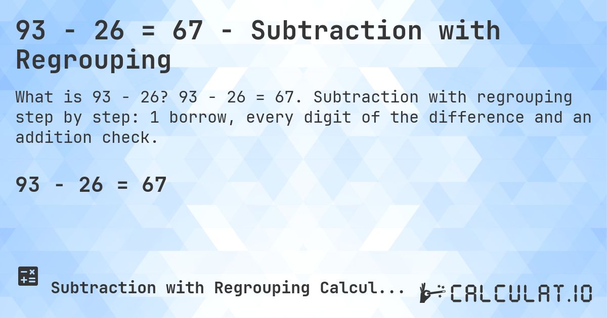 93 − 26 = 67 - Subtraction with Regrouping. 93 − 26 = 67. Subtraction with regrouping step by step: 1 borrow, every digit of the difference and an addition check.
