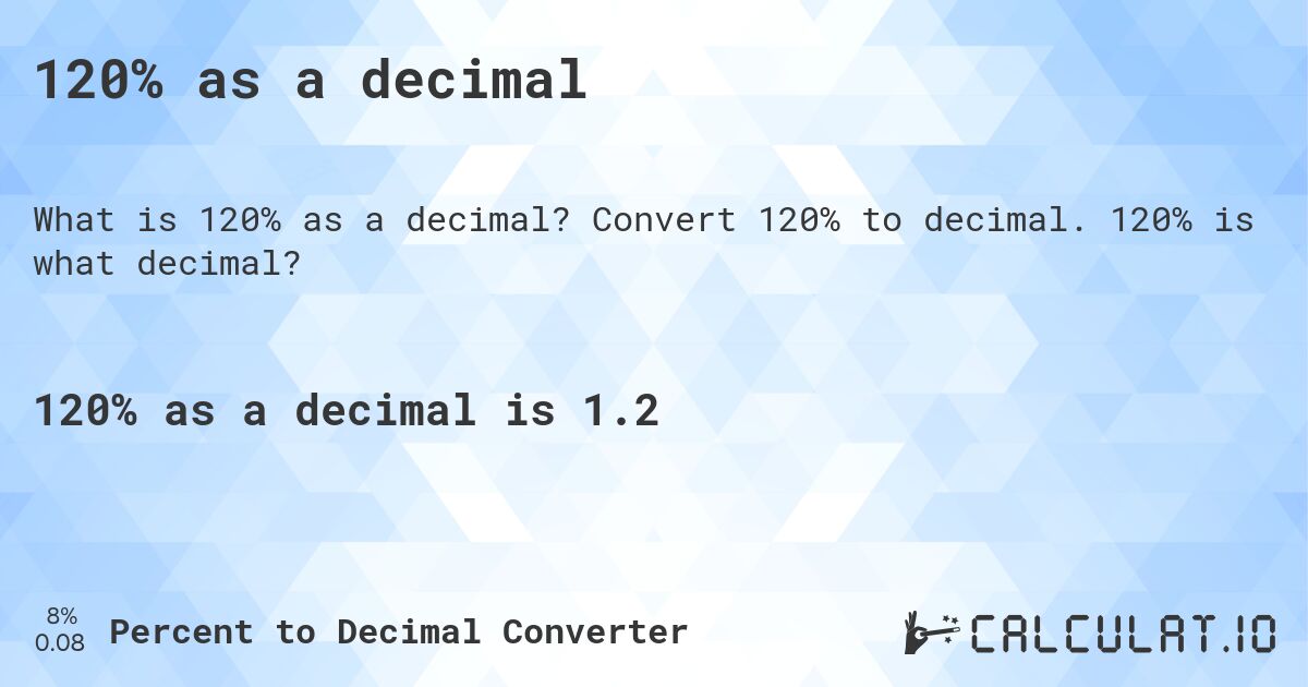 120% as a decimal. Convert 120% to decimal. 120% is what decimal?