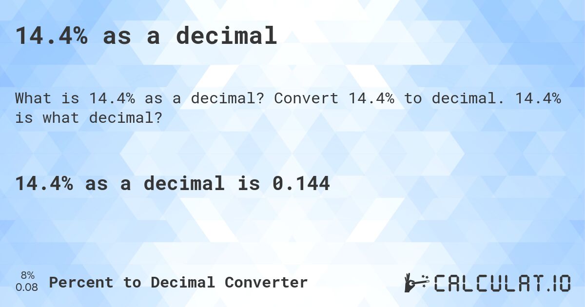 14.4% as a decimal. Convert 14.4% to decimal. 14.4% is what decimal?