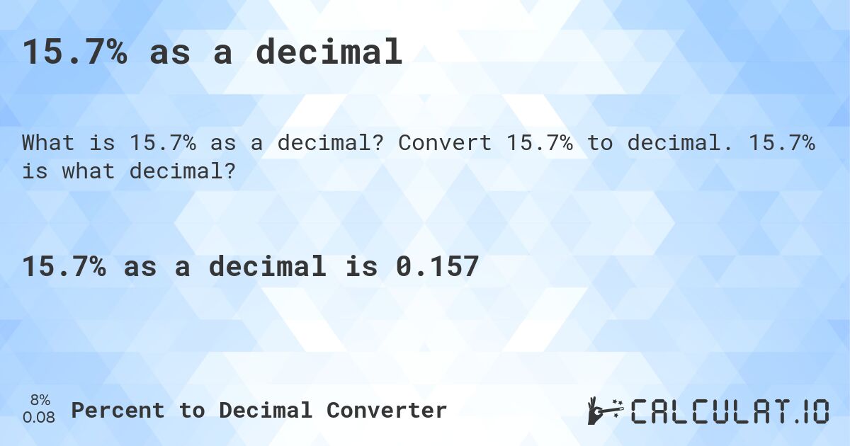 15.7% as a decimal. Convert 15.7% to decimal. 15.7% is what decimal?