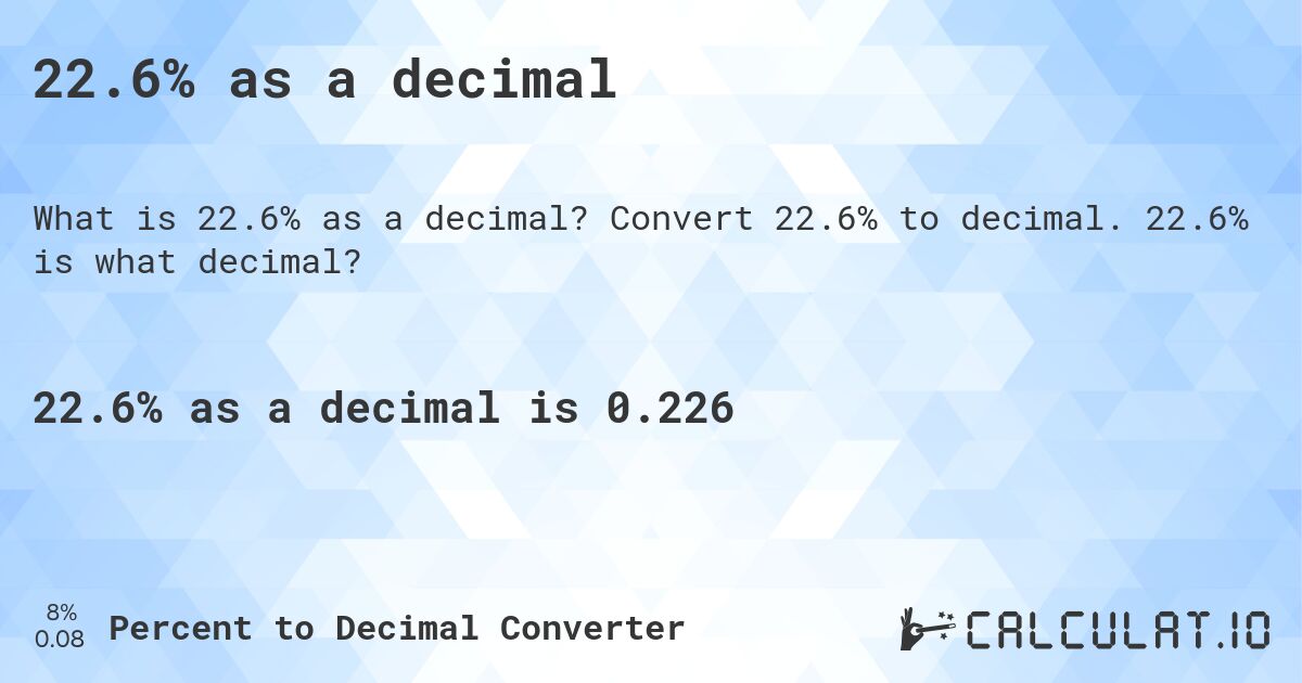 22.6% as a decimal. Convert 22.6% to decimal. 22.6% is what decimal?