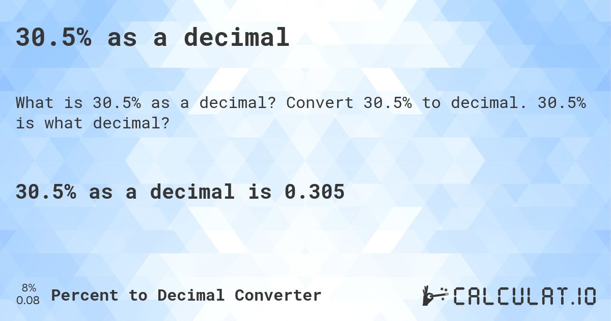 30.5% as a decimal. Convert 30.5% to decimal. 30.5% is what decimal?