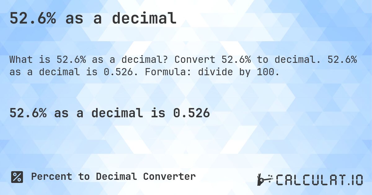52.6% as a decimal. Convert 52.6% to decimal. 52.6% as a decimal is 0.526. Formula: divide by 100.