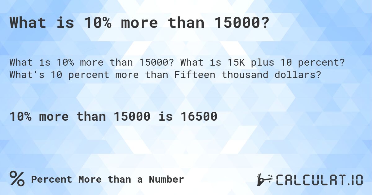 What is 10% more than 15000?. What is 15K plus 10 percent? What's 10 percent more than Fifteen thousand dollars?