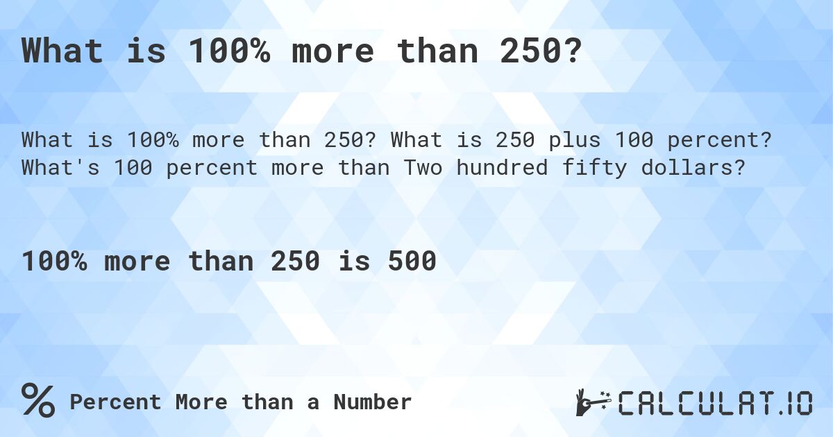 What is 100% more than 250?. What is 250 plus 100 percent? What's 100 percent more than Two hundred fifty dollars?