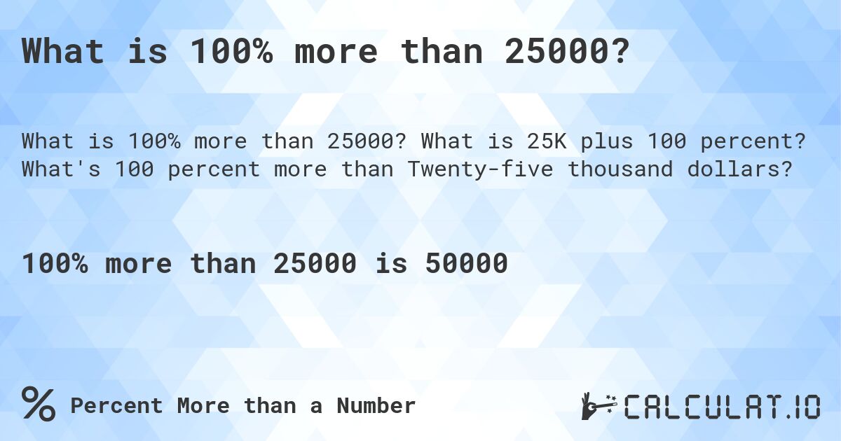 What is 100% more than 25000?. What is 25K plus 100 percent? What's 100 percent more than Twenty-five thousand dollars?