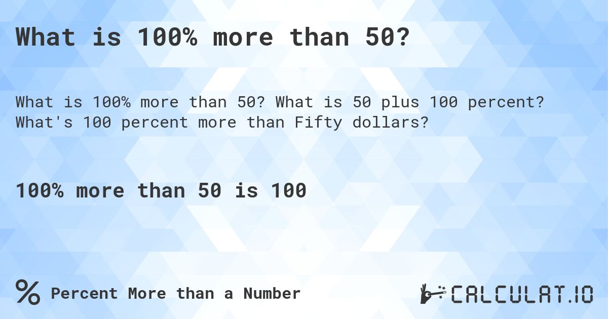 What is 100% more than 50?. What is 50 plus 100 percent? What's 100 percent more than Fifty dollars?