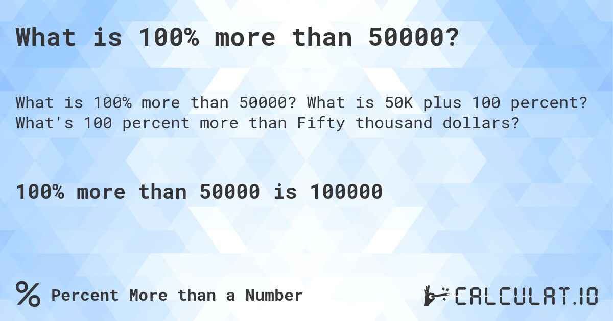 What is 100% more than 50000?. What is 50K plus 100 percent? What's 100 percent more than Fifty thousand dollars?