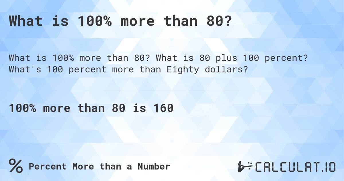What is 100% more than 80?. What is 80 plus 100 percent? What's 100 percent more than Eighty dollars?