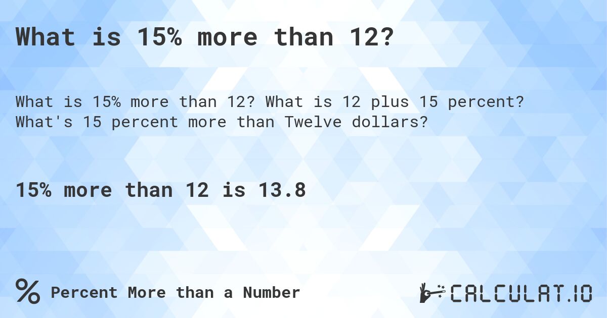 What is 15% more than 12?. What is 12 plus 15 percent? What's 15 percent more than Twelve dollars?