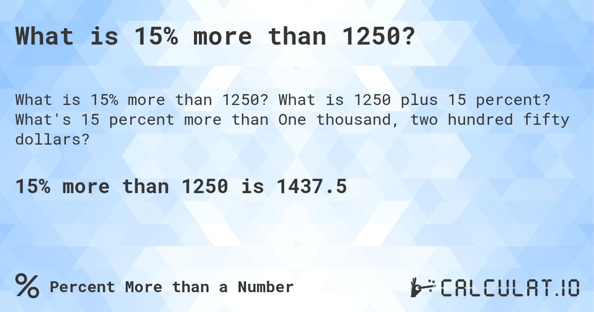 What is 15% more than 1250?. What is 1250 plus 15 percent? What's 15 percent more than One thousand, two hundred fifty dollars?