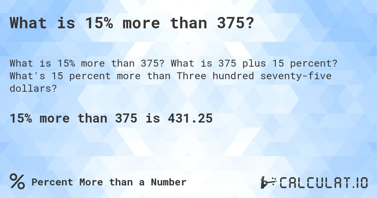 What is 15% more than 375?. What is 375 plus 15 percent? What's 15 percent more than Three hundred seventy-five dollars?
