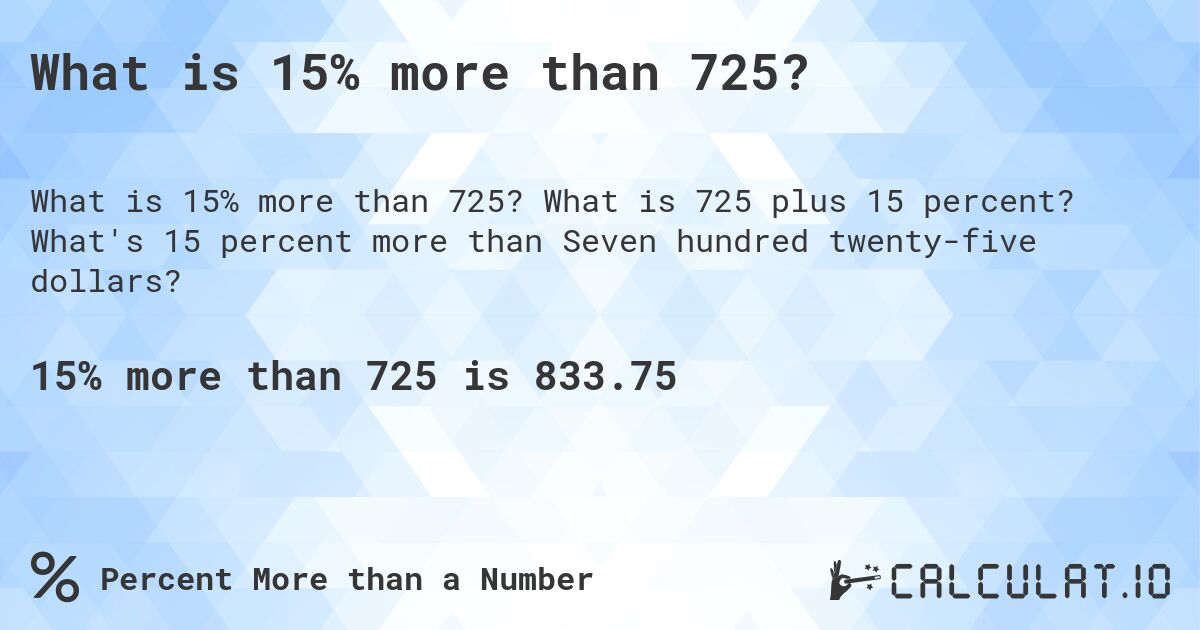 What is 15% more than 725?. What is 725 plus 15 percent? What's 15 percent more than Seven hundred twenty-five dollars?