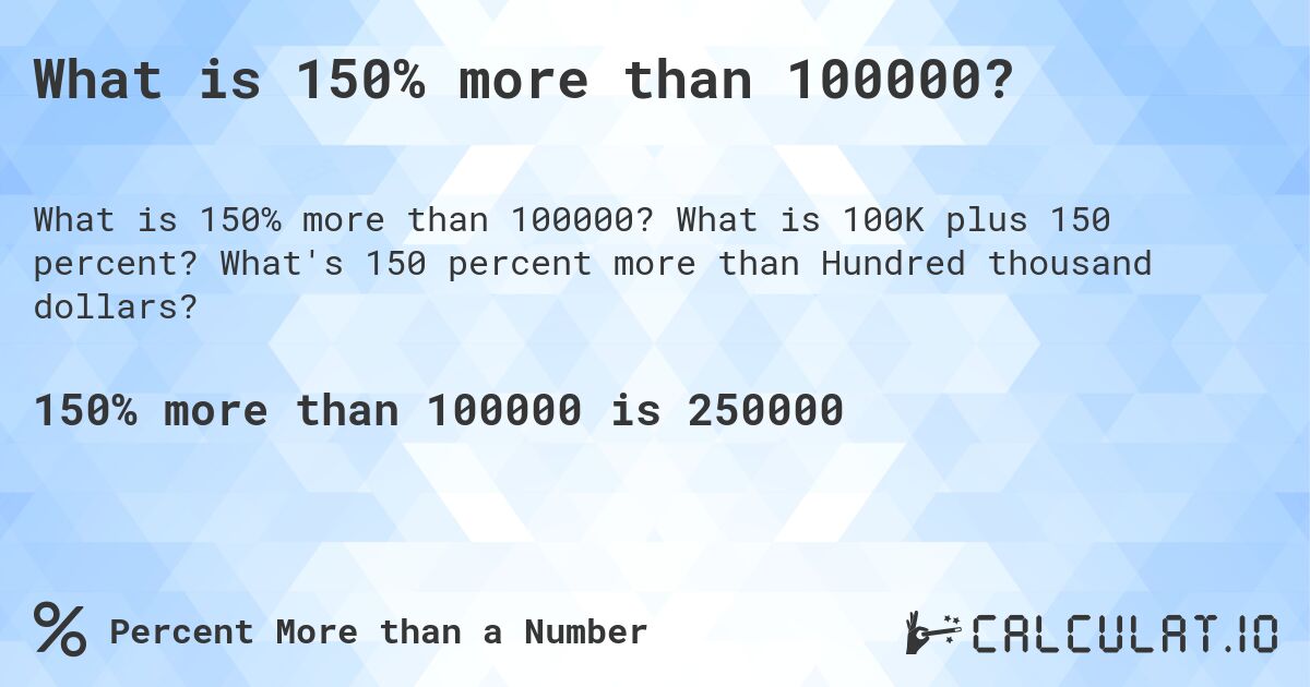 What is 150% more than 100000?. What is 100K plus 150 percent? What's 150 percent more than Hundred thousand dollars?