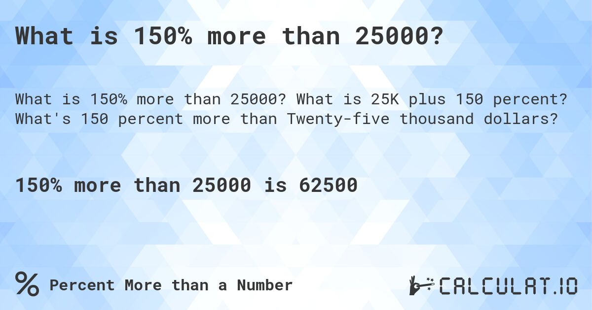 What is 150% more than 25000?. What is 25K plus 150 percent? What's 150 percent more than Twenty-five thousand dollars?