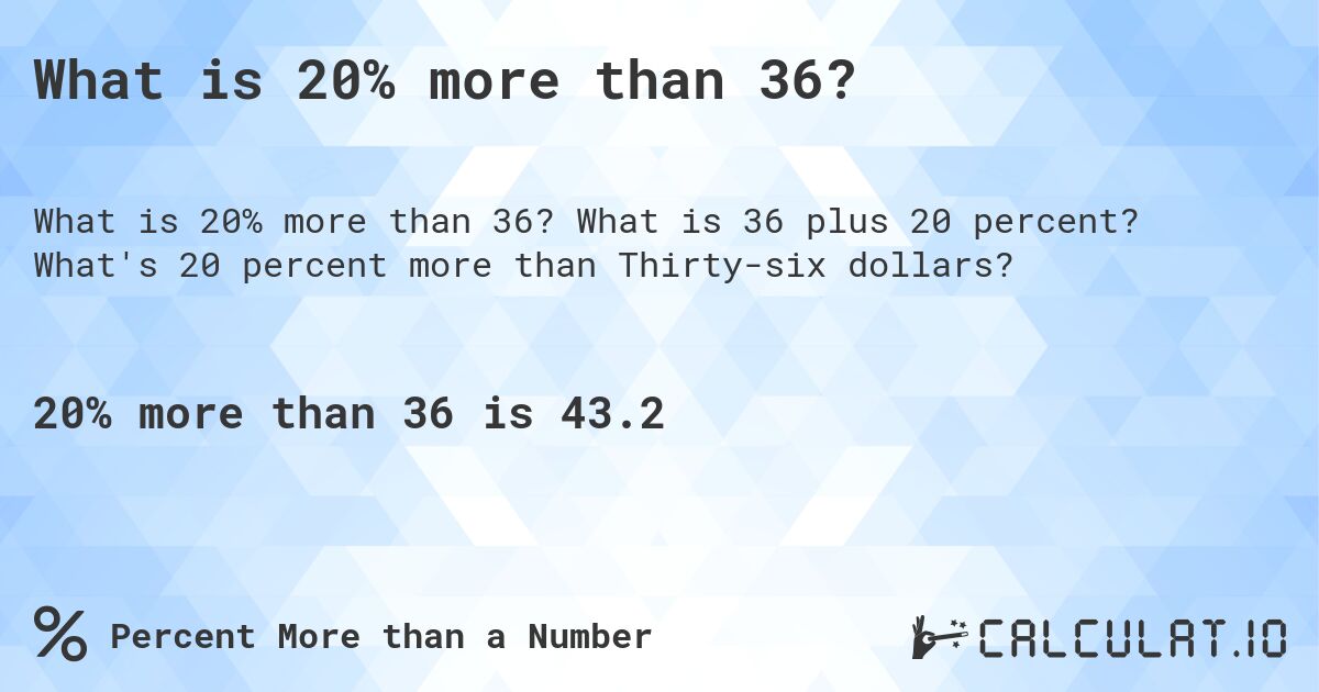 What is 20% more than 36?. What is 36 plus 20 percent? What's 20 percent more than Thirty-six dollars?