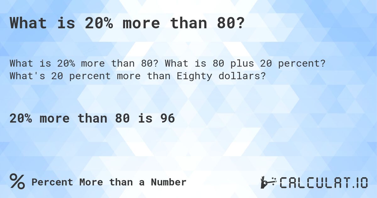 What is 20% more than 80?. What is 80 plus 20 percent? What's 20 percent more than Eighty dollars?