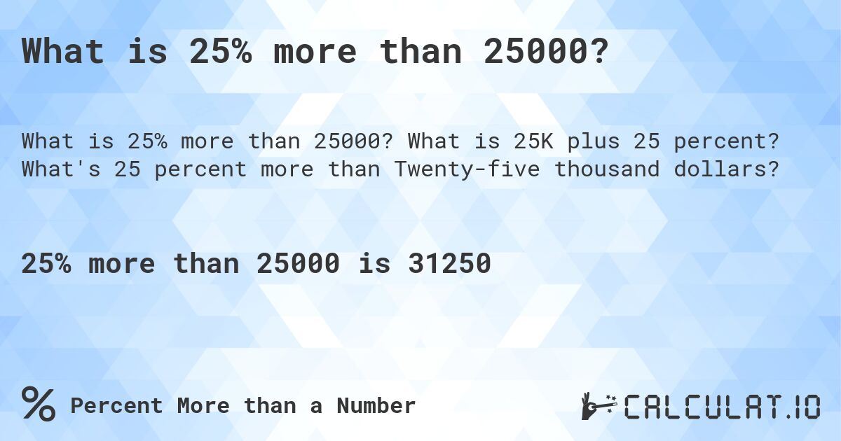 What is 25% more than 25000?. What is 25K plus 25 percent? What's 25 percent more than Twenty-five thousand dollars?