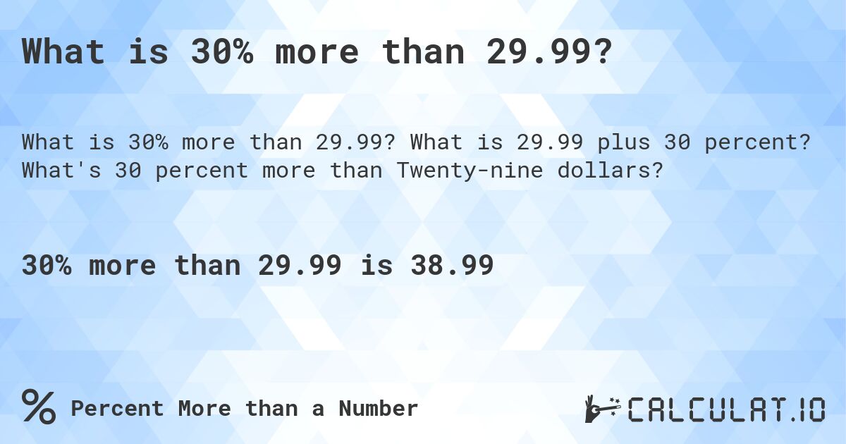 What is 30% more than 29.99?. What is 29.99 plus 30 percent? What's 30 percent more than Twenty-nine dollars?