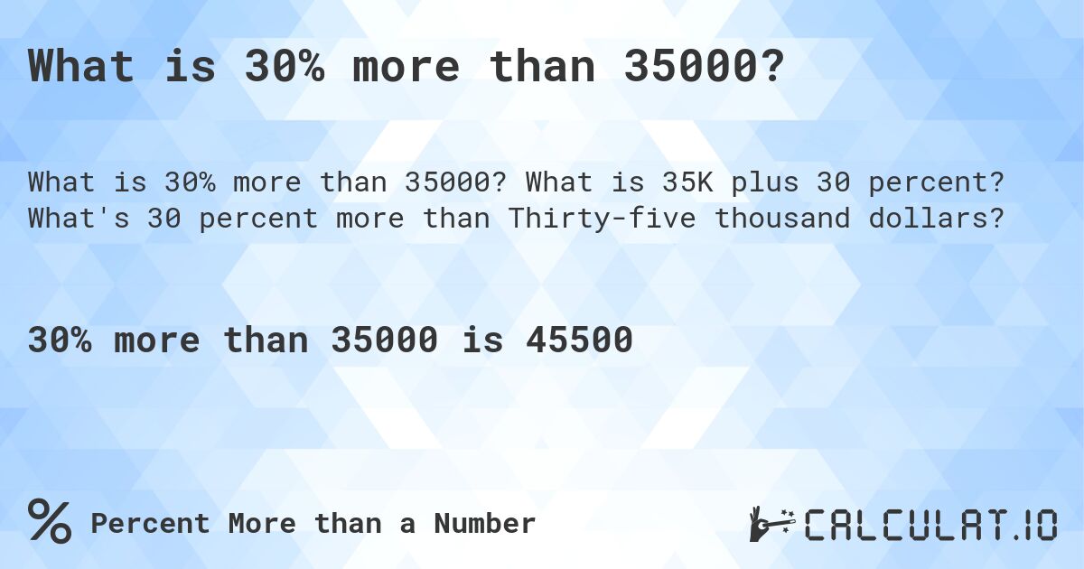 What is 30% more than 35000?. What is 35K plus 30 percent? What's 30 percent more than Thirty-five thousand dollars?