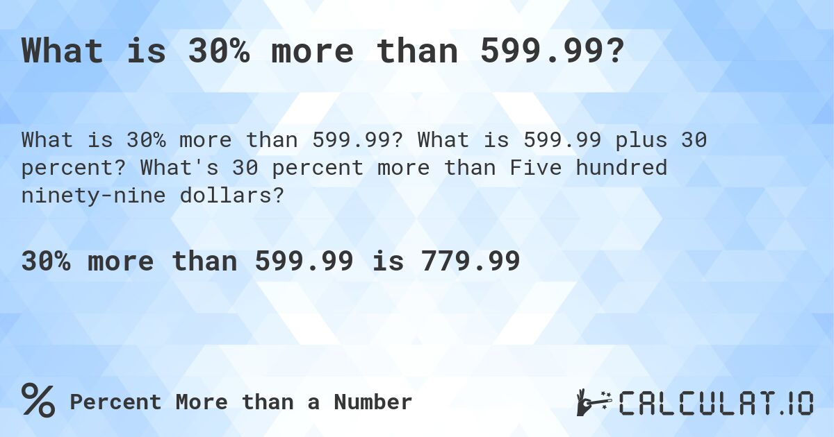 What is 30% more than 599.99?. What is 599.99 plus 30 percent? What's 30 percent more than Five hundred ninety-nine dollars?