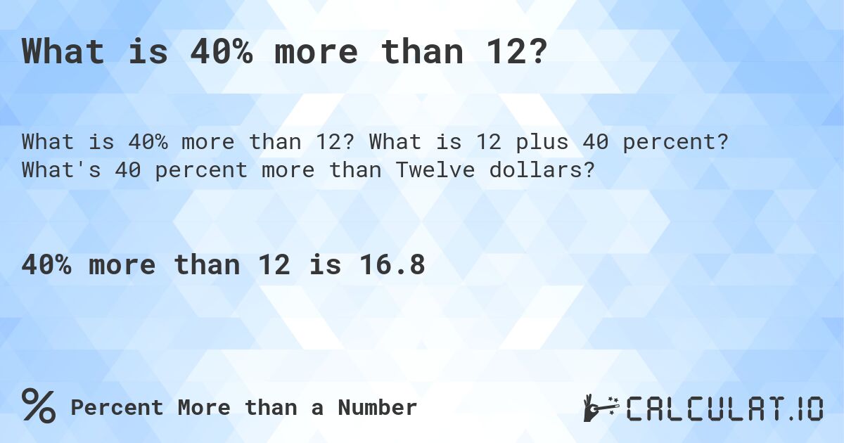 What is 40% more than 12?. What is 12 plus 40 percent? What's 40 percent more than Twelve dollars?
