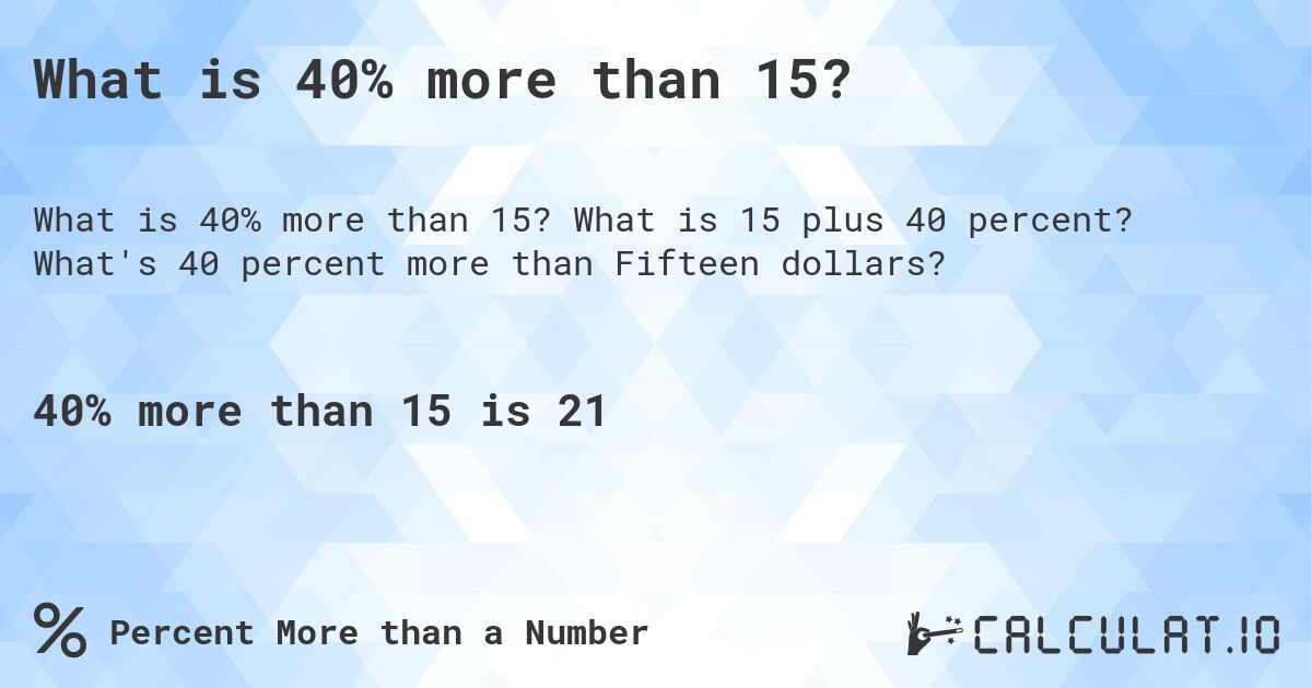 What is 40% more than 15?. What is 15 plus 40 percent? What's 40 percent more than Fifteen dollars?