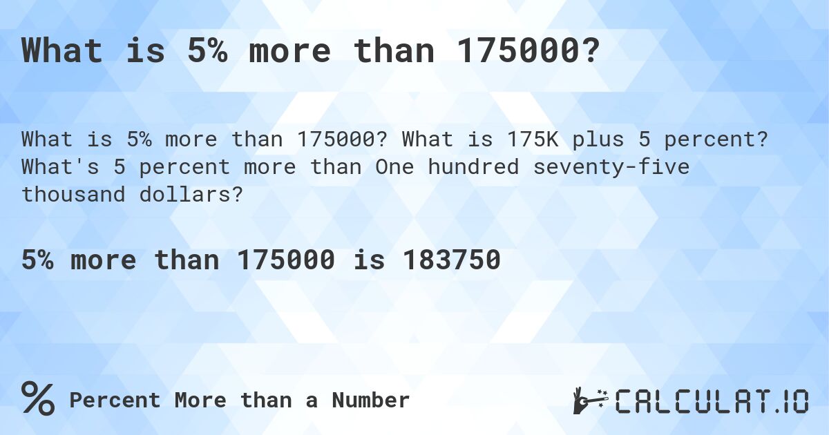 What is 5% more than 175000?. What is 175K plus 5 percent? What's 5 percent more than One hundred seventy-five thousand dollars?