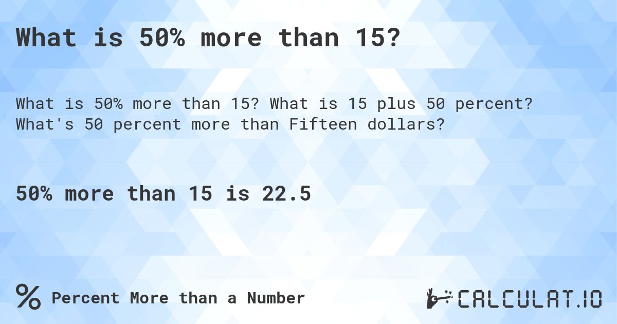 What is 50% more than 15?. What is 15 plus 50 percent? What's 50 percent more than Fifteen dollars?