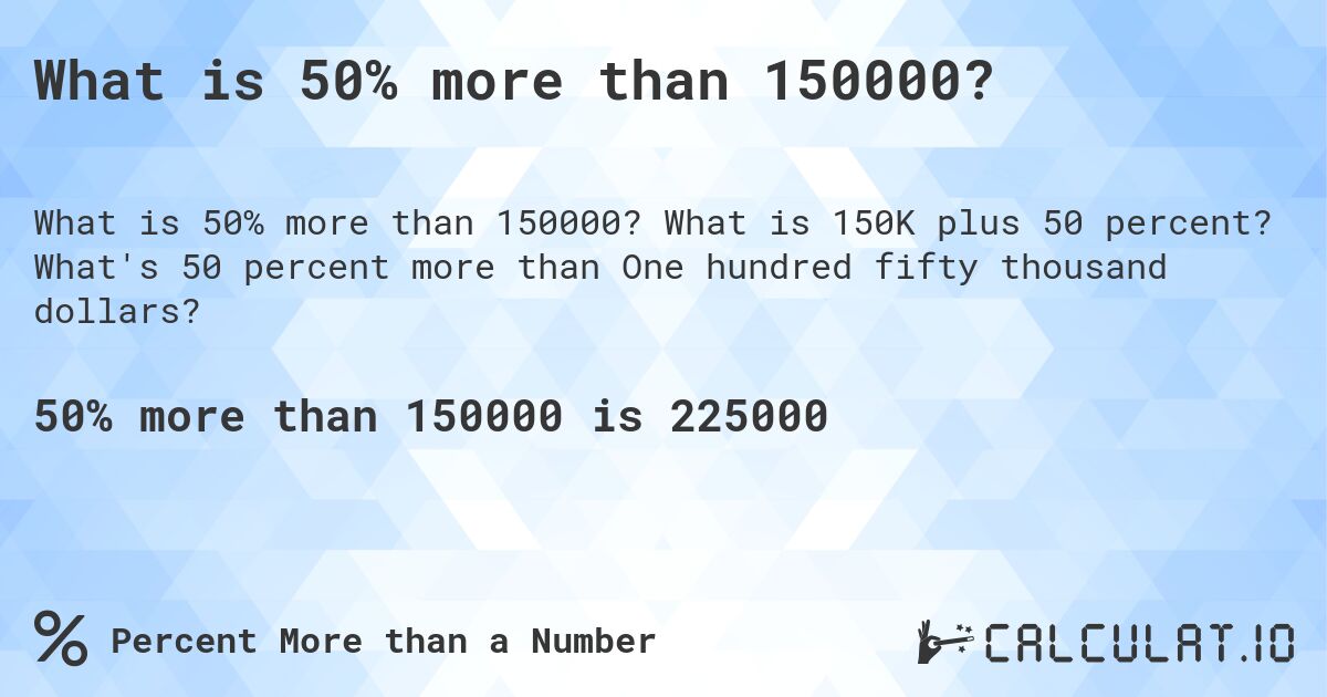 What is 50% more than 150000?. What is 150K plus 50 percent? What's 50 percent more than One hundred fifty thousand dollars?