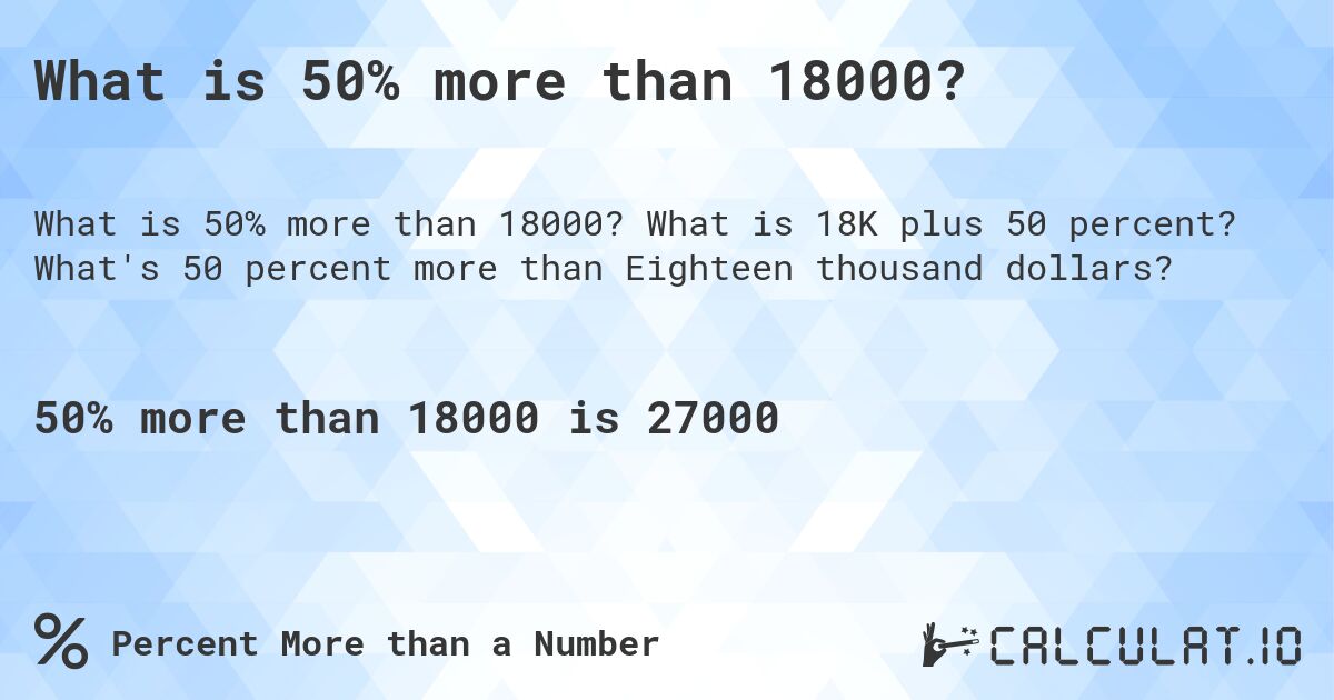 What is 50% more than 18000?. What is 18K plus 50 percent? What's 50 percent more than Eighteen thousand dollars?