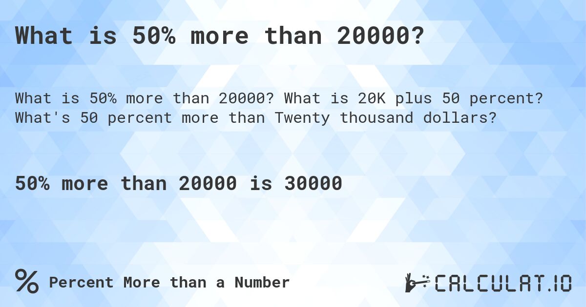 What is 50% more than 20000?. What is 20K plus 50 percent? What's 50 percent more than Twenty thousand dollars?