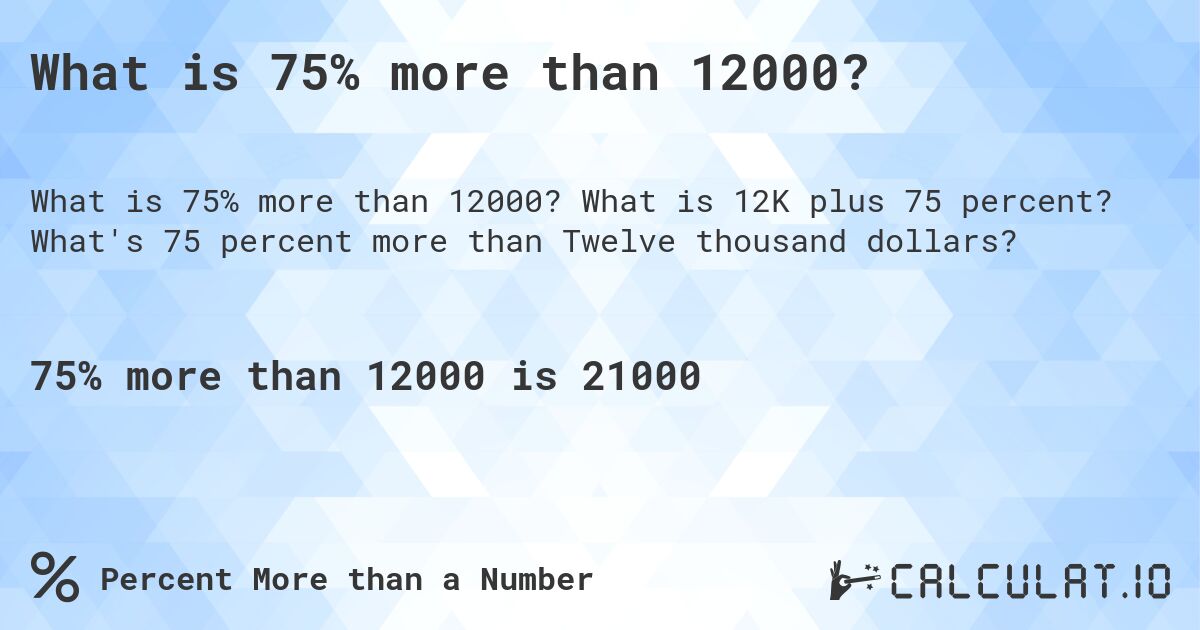 What is 75% more than 12000?. What is 12K plus 75 percent? What's 75 percent more than Twelve thousand dollars?