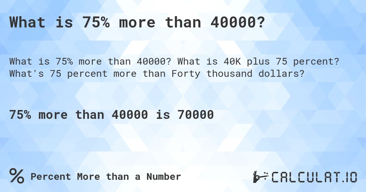 What is 75% more than 40000?. What is 40K plus 75 percent? What's 75 percent more than Forty thousand dollars?