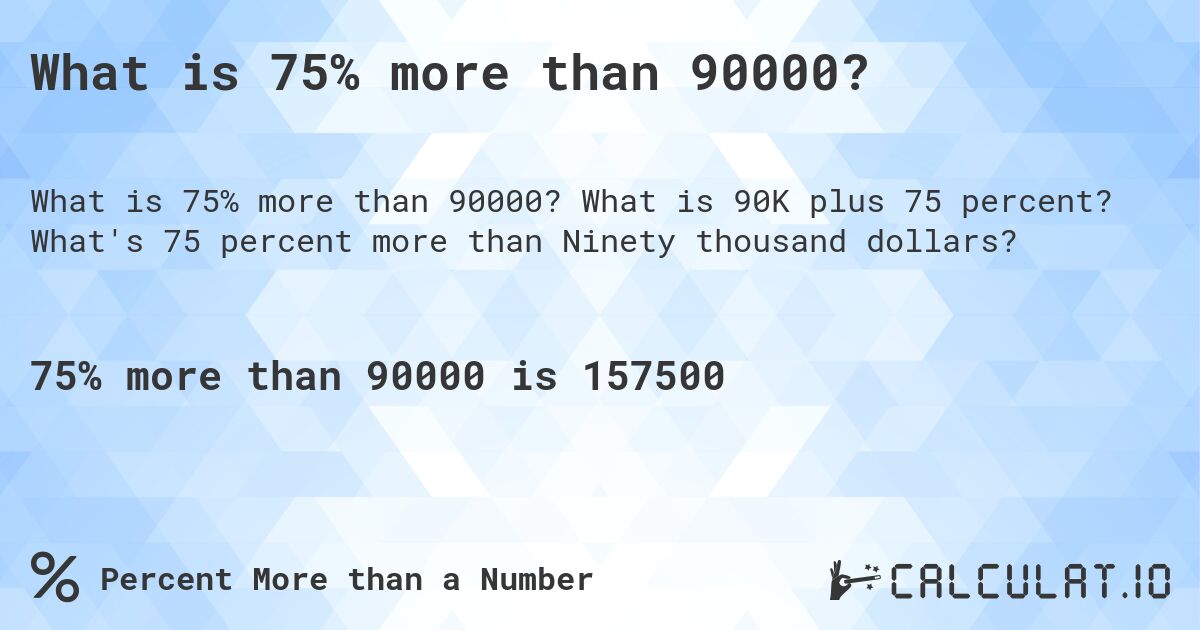 What is 75% more than 90000?. What is 90K plus 75 percent? What's 75 percent more than Ninety thousand dollars?