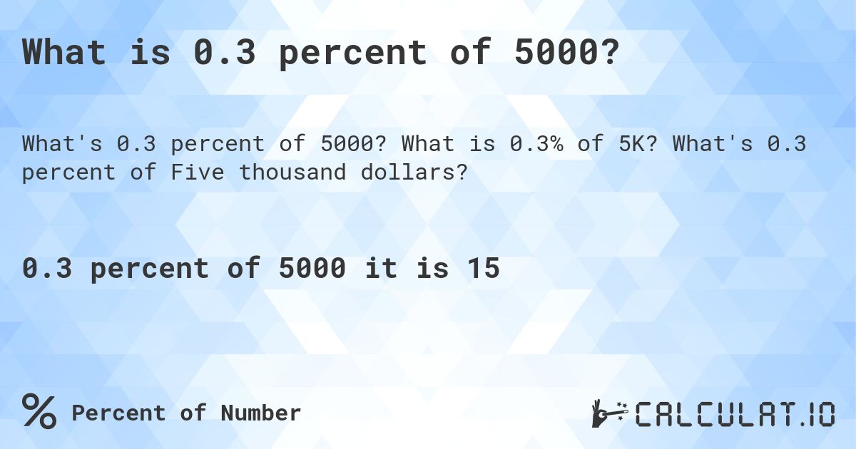 What is 0.3 percent of 5000?. What is 0.3% of 5K? What's 0.3 percent of Five thousand dollars?