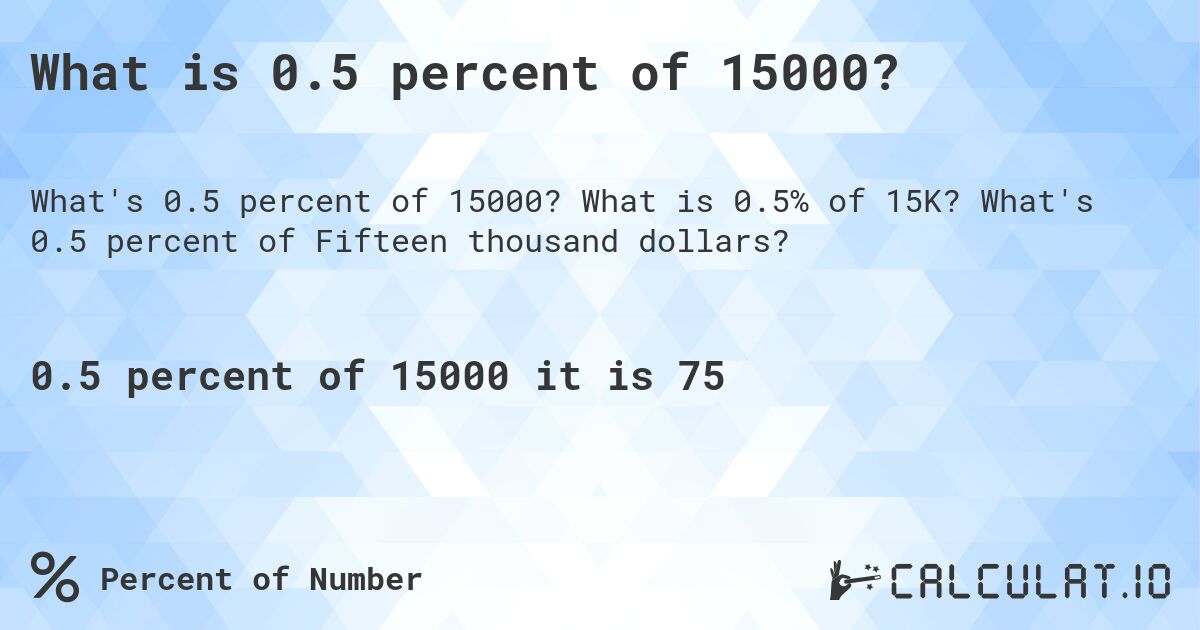 What is 0.5 percent of 15000?. What is 0.5% of 15K? What's 0.5 percent of Fifteen thousand dollars?