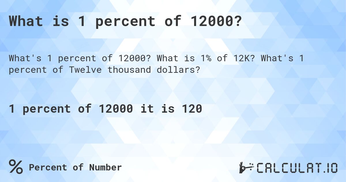 What is 1 percent of 12000?. What is 1% of 12K? What's 1 percent of Twelve thousand dollars?