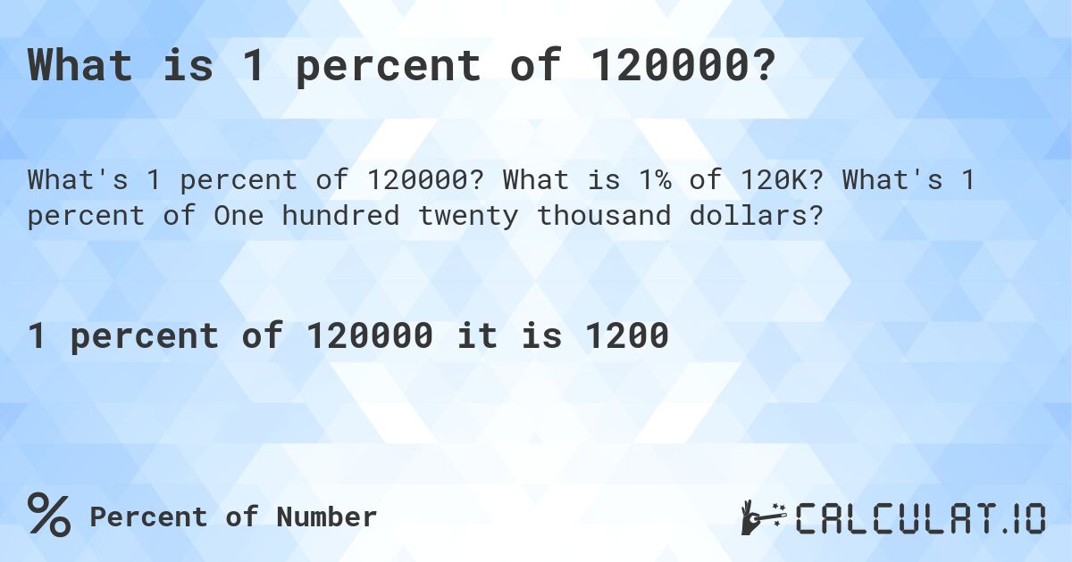 What is 1 percent of 120000?. What is 1% of 120K? What's 1 percent of One hundred twenty thousand dollars?