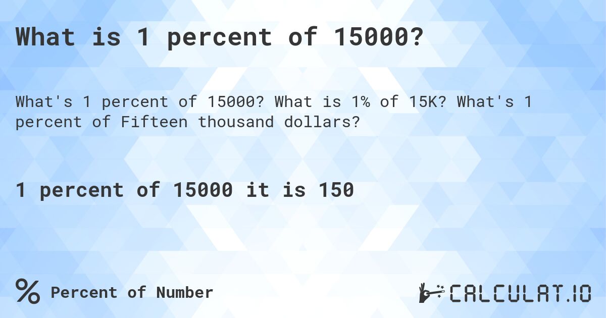 What is 1 percent of 15000?. What is 1% of 15K? What's 1 percent of Fifteen thousand dollars?
