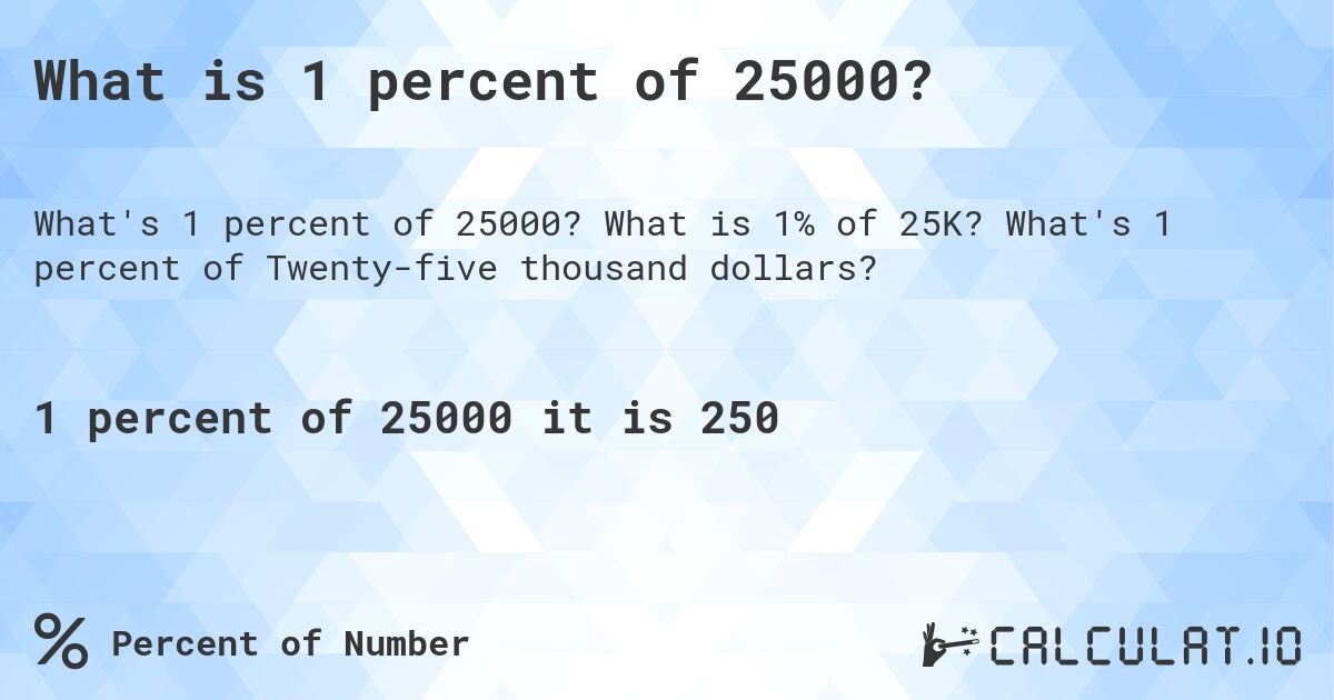 What is 1 percent of 25000?. What is 1% of 25K? What's 1 percent of Twenty-five thousand dollars?