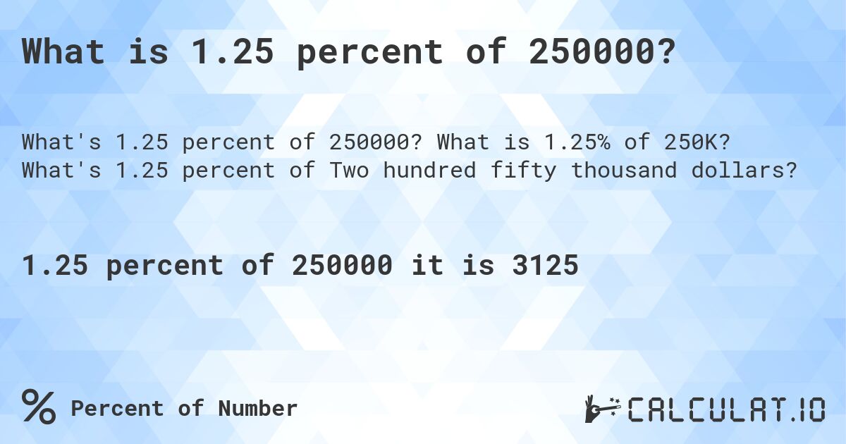 What is 1.25 percent of 250000?. What is 1.25% of 250K? What's 1.25 percent of Two hundred fifty thousand dollars?