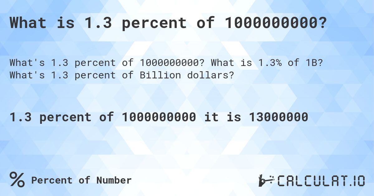 What is 1.3 percent of 1000000000?. What is 1.3% of 1B? What's 1.3 percent of Billion dollars?