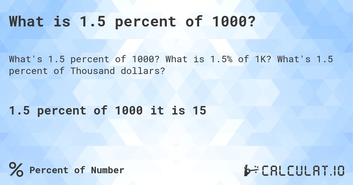 What is 1.5 percent of 1000?. What is 1.5% of 1K? What's 1.5 percent of Thousand dollars?