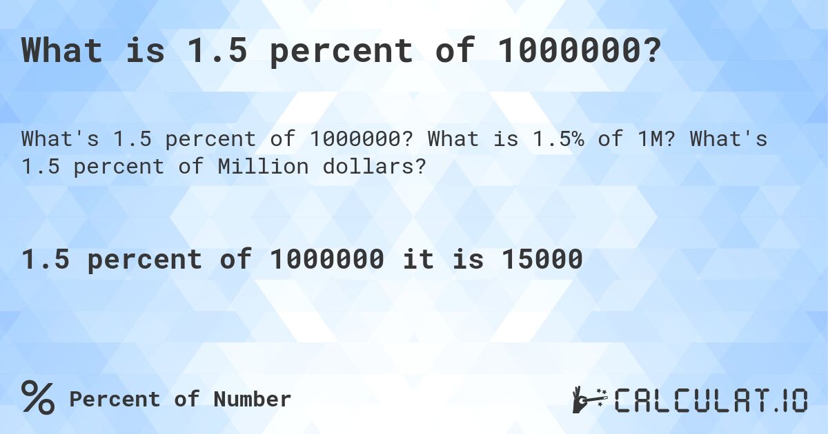 What is 1.5 percent of 1000000?. What is 1.5% of 1M? What's 1.5 percent of Million dollars?